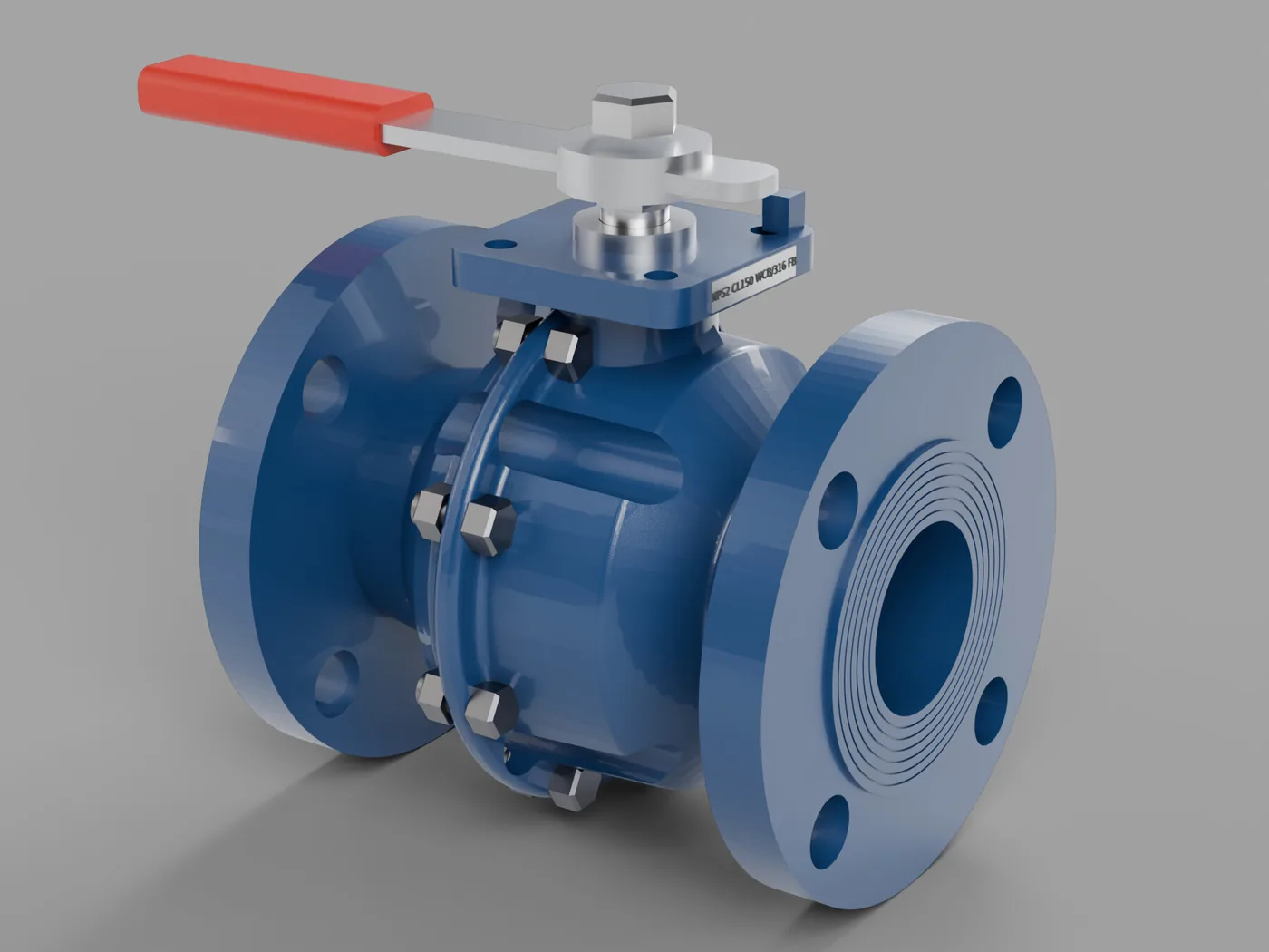 Render de válvula de bola bridada azul con palanca roja