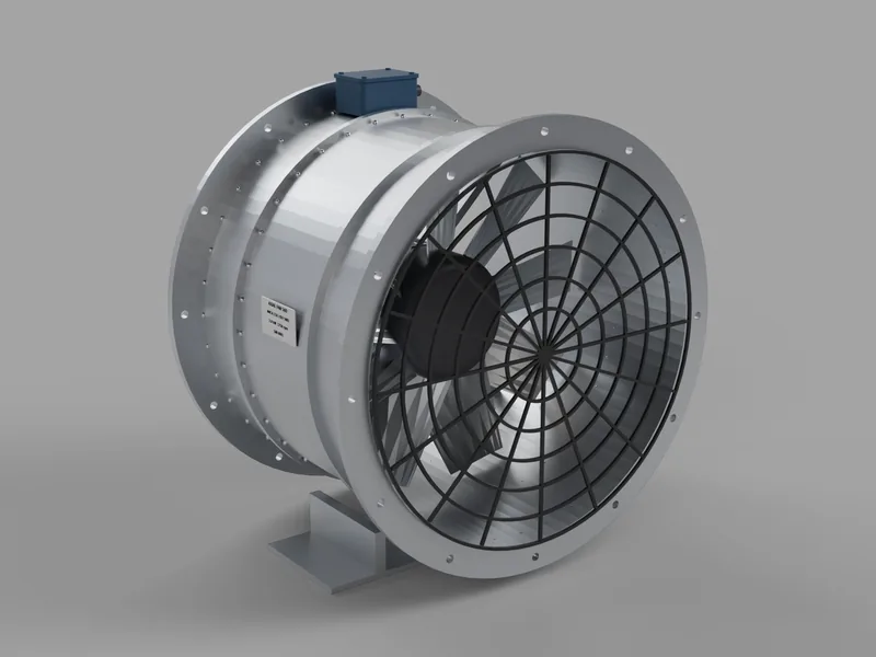Render de ventilador axial tubular con rejilla y soporte