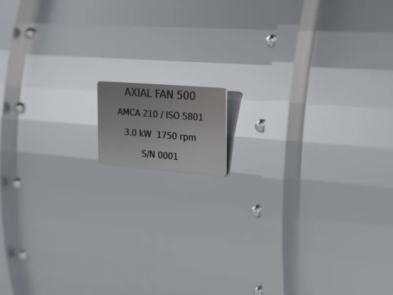 Placa de datos del ventilador axial con modelo, potencia y velocidad